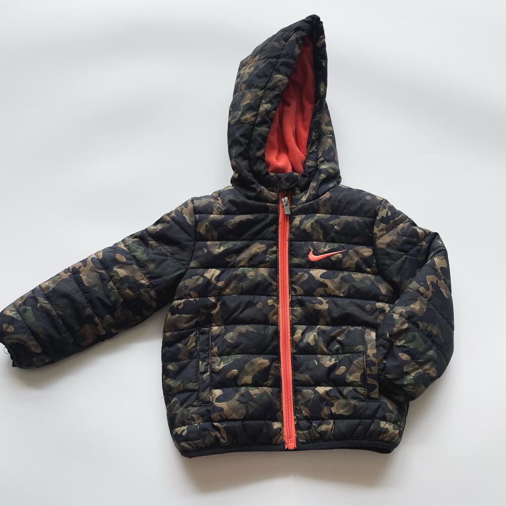Toddler Boys Nike Camouflage Puffer Coat Orange Zipper and Swoosh Size 18 months